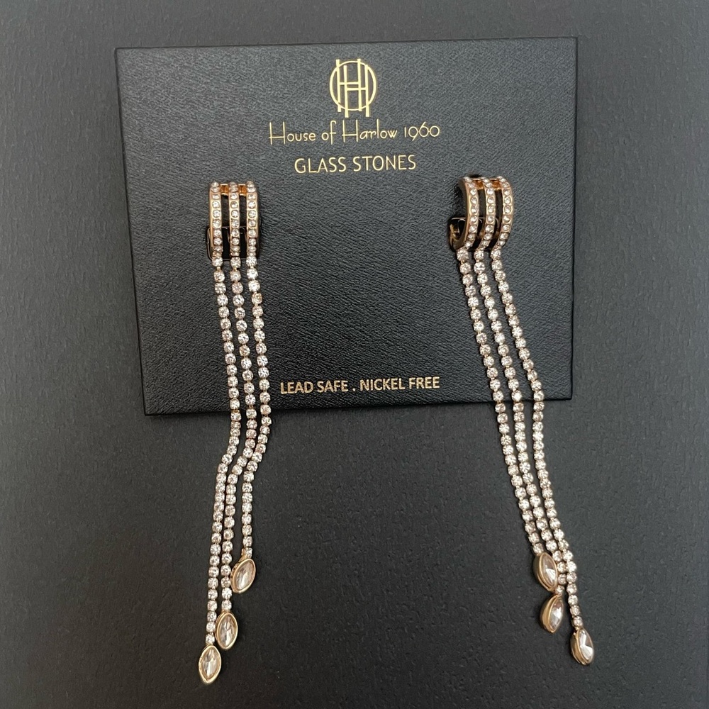 NEW House of Harlow 1960 Gold Tone Glass Stone Long Fancy Dangle Drop Earrings